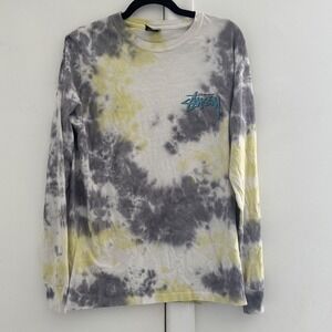 Stussy Long Sleeve T-Shirt Mens Small Gray Yellow Tie Dye Embroidered Logo